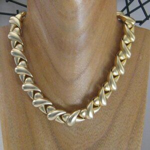 Vintage Erwin Pearl Signed Brushed Gold- tone X Crisscross Statement Necklace